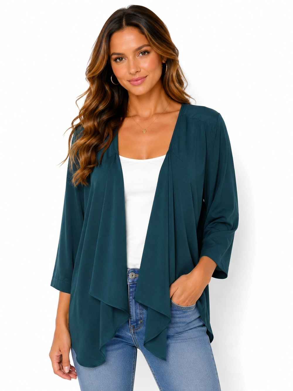 Women's Teal Open-Front Drape Cardigan